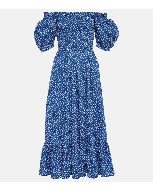 Polo Ralph Lauren Blue Shirred Cotton Maxi Dress