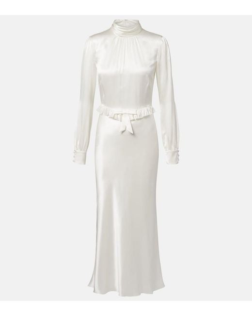 Alessandra Rich White Bow-Detail Ruffled Silk Satin Midi Dress