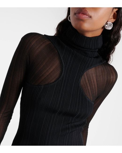 Mugler Black Asymmetric Ribbed-knit Midi Dress