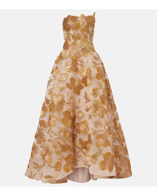 Monique Lhuillier Natural Embroidered Strapless Raffia-Blend Gown