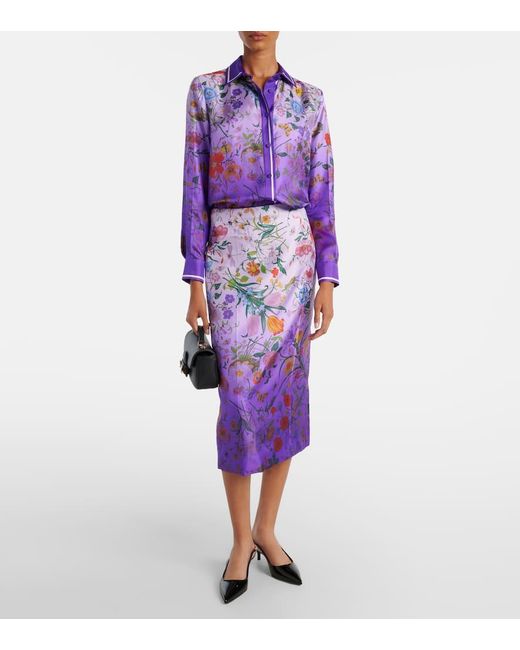 Gucci Purple Floral Silk Midi Skirt