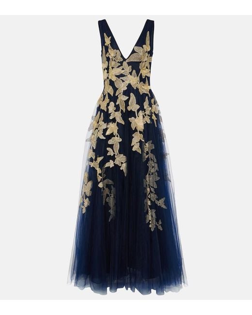 Costarellos Blue Arcangela Applique Tulle Gown