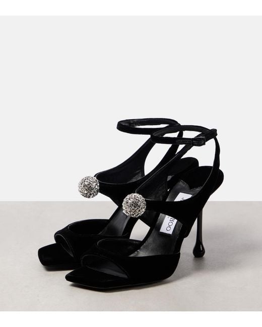 Jimmy Choo Black Orb 95 Embellished Velvet Sandals