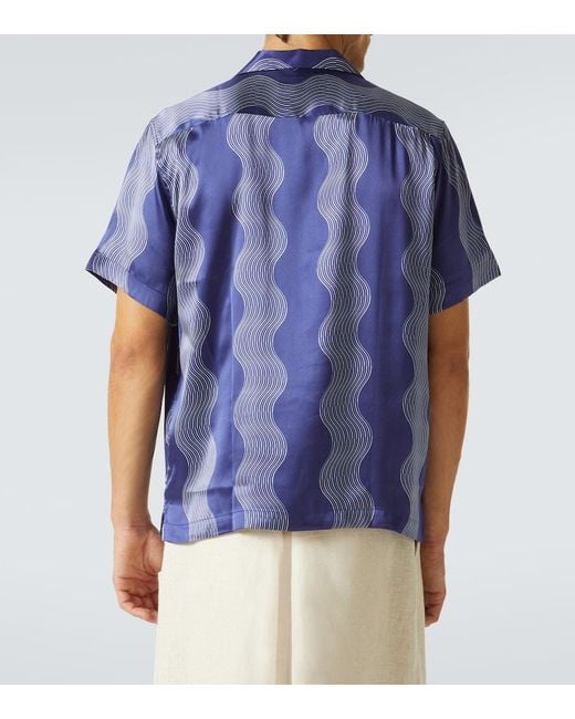 Frescobol Carioca Blue Roberto Printed Silk Bowling Shirt for men