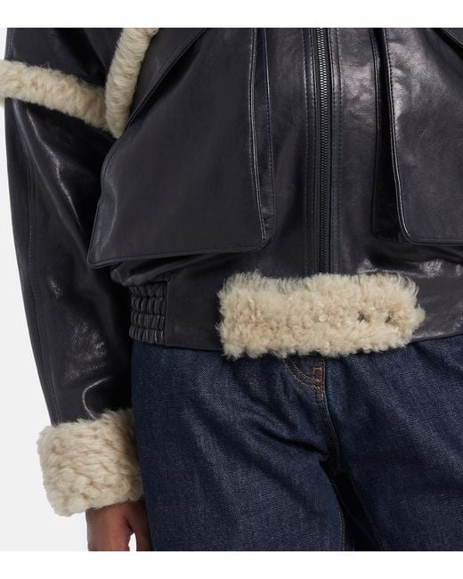 Magda Butrym Blue Leather Jacket With Unique Fur Insert