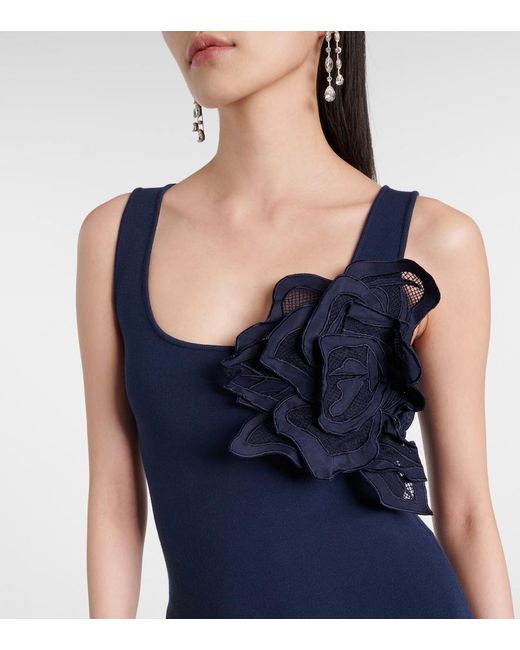 Oscar de la Renta Blue Floral-Applique Lace Midi Dress
