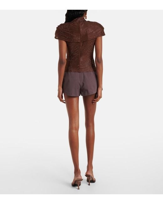 Self-Portrait Brown Crystal-Embellished Draped Mesh Top