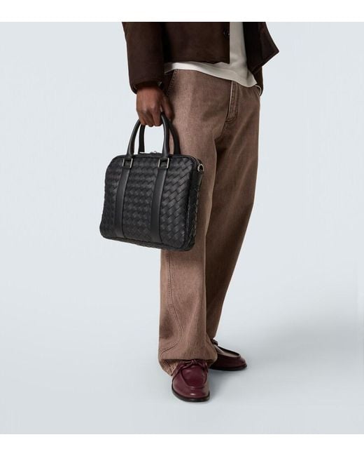 Bottega Veneta Black Intrecciato Leather Briefcase for men