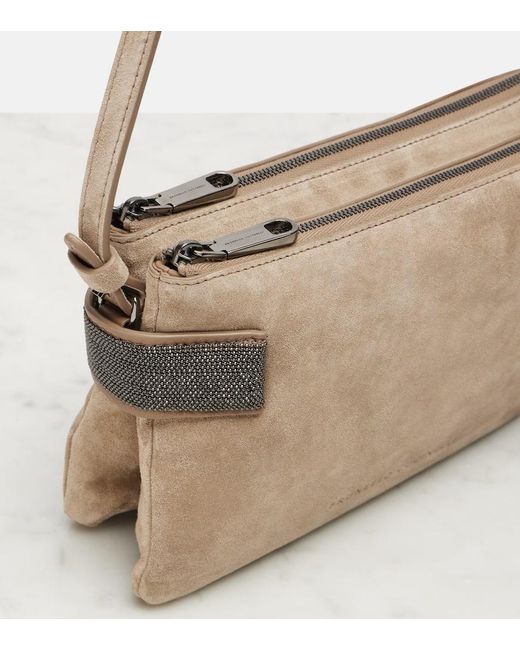 Brunello Cucinelli Brown Essence Monili Small Suede Shoulder Bag
