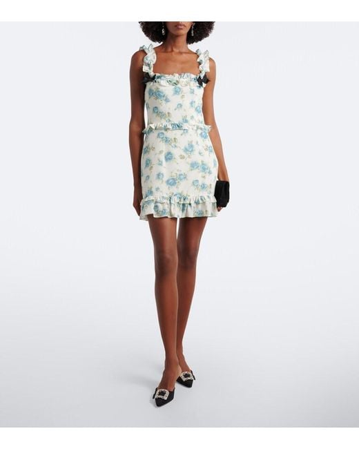 Alessandra Rich Blue Ruffled Floral Silk Crepe De Chine Minidress