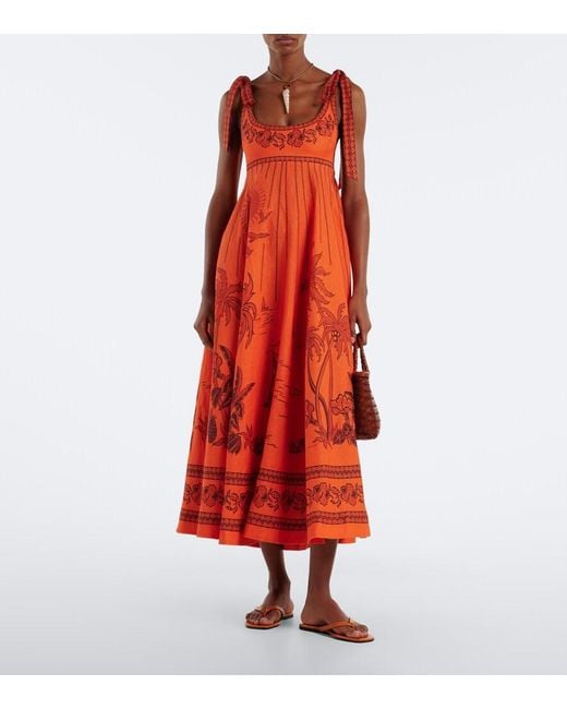 ALÉMAIS Red Boathouse Printed Linen Midi Dress