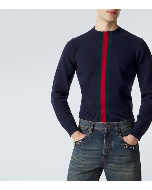 Gucci Blue Web Stripe Wool Sweater for men