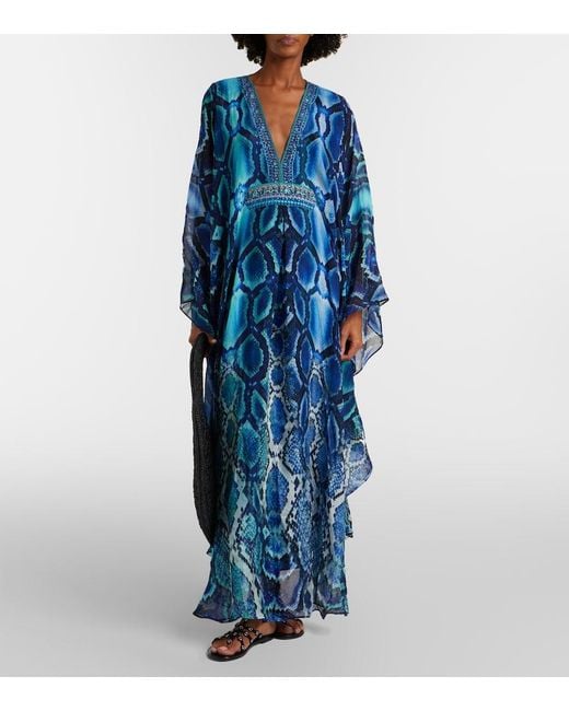 Camilla Blue Embellished Printed Silk Kaftan