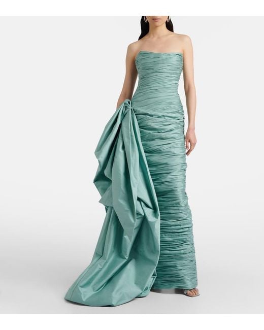 Marmar Halim Green Draped Pleated Taffeta Bustier Gown