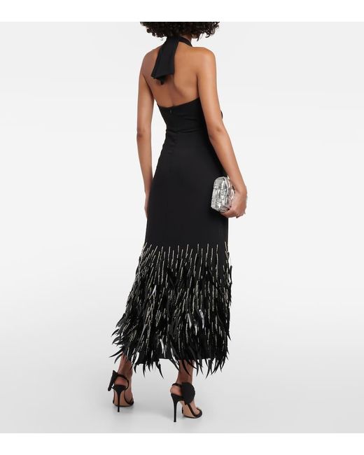 Johanna Ortiz Black Feather-trimmed Crepe Maxi Dress