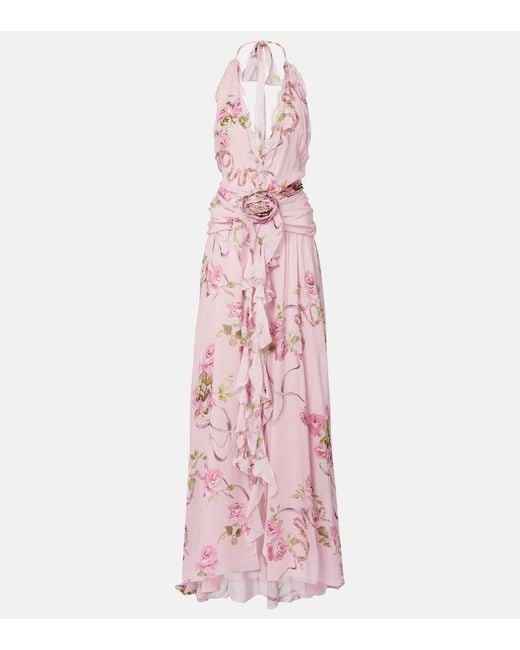Blumarine Pink Floral Ruffled Georgette Maxi Dress