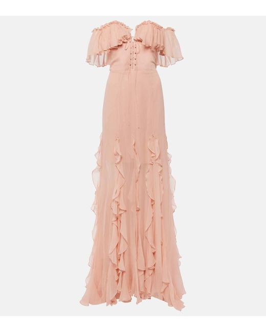 Costarellos Pink Galiya Off-Shoulder Silk Georgette Gown