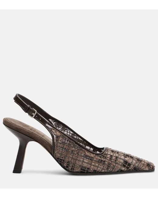 Brunello Cucinelli Brown Beaded Checked Leather-Trimmed Slingback Pumps