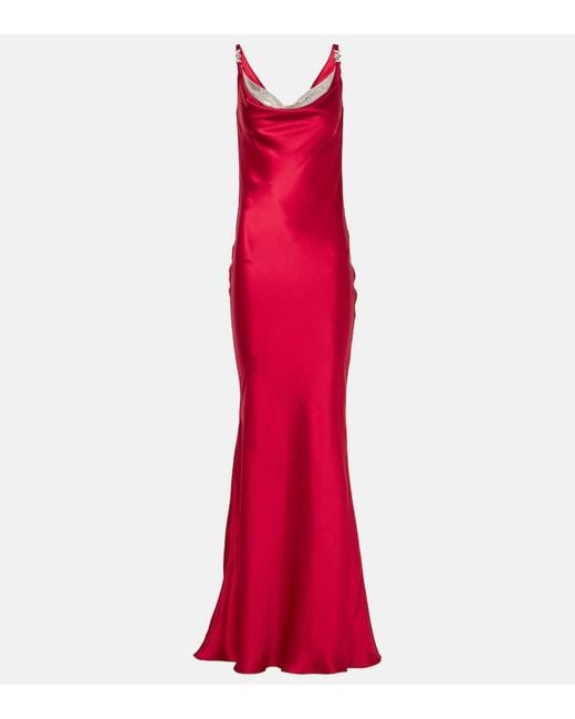 Versace Red Robe Aus Seidensatin Mit Pailletten Und Raffungen