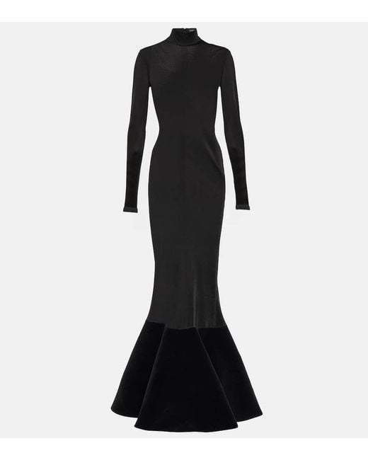 David Koma Black Flounced Velvet And Jersey Gown