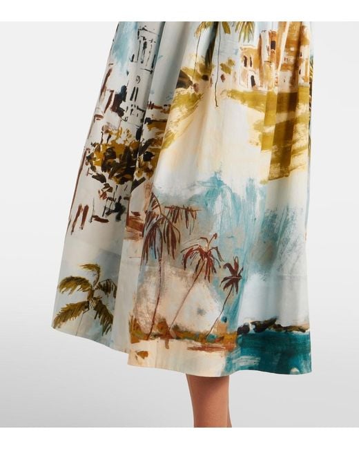 Oscar de la Renta White Pleated Printed Cotton-Blend Cocktail Dress