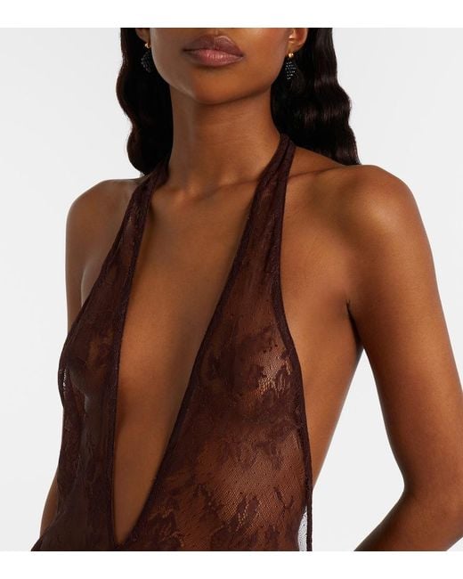 Adriana Degreas Purple Sheer Open-Back Lace Maxi Dress