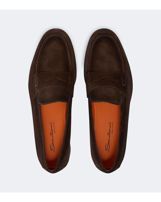 Santoni Brown Milo Suede Penny Loafers for men