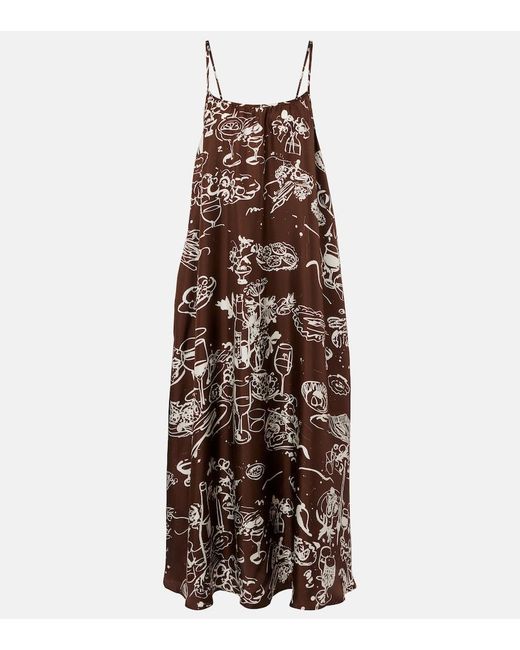 Asceno Brown Napoli Printed Silk Twill Maxi Dress