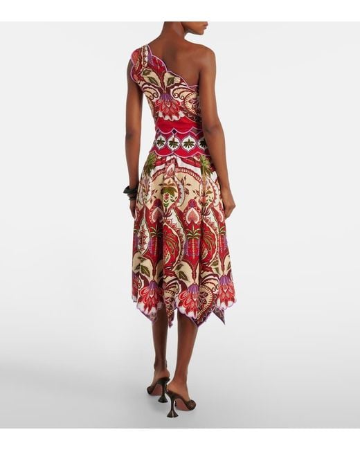 Farm Rio Red Odara Scalloped Linen-Blend Midi Skirt