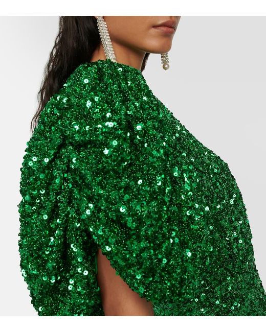 ROTATE BIRGER CHRISTENSEN Green Sequined Puff-Sleeve Maxi Dress