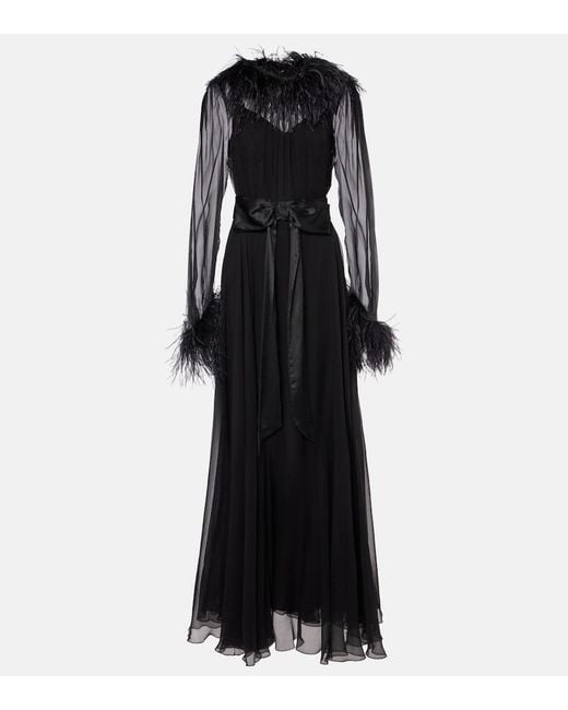 Dolce & Gabbana Black Feather-Trimmed Silk Chiffon Gown