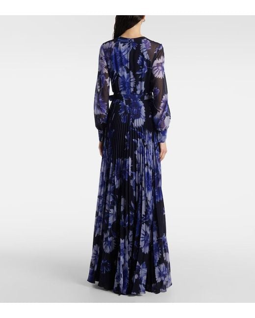 Erdem Blue Floral Pleated Voile Gown