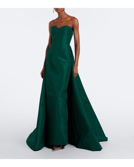 Monique Lhuillier Green Draped Strapless Silk Bustier Gown