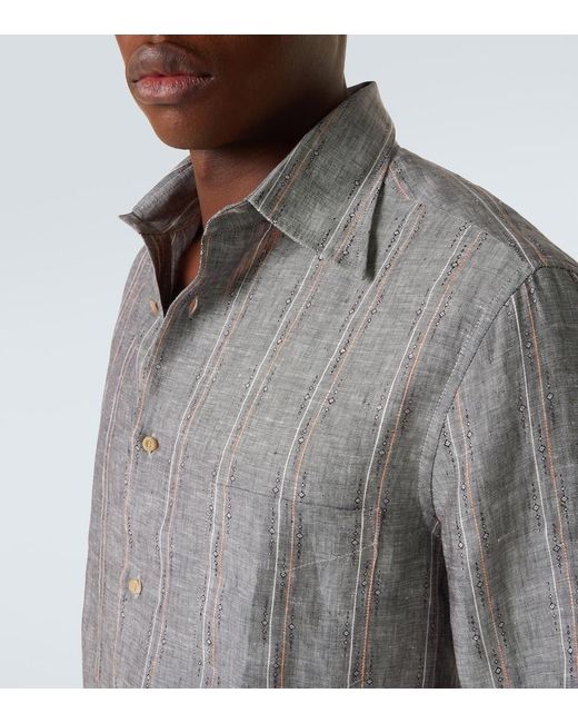 Brunello Cucinelli Gray Pinstripe Linen Shirt for men