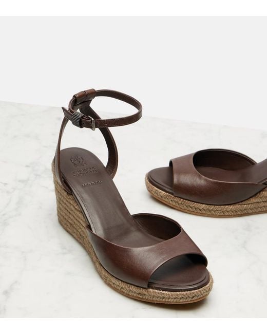 Brunello Cucinelli Brown Bead-Embellished Leather Wedge Espadrilles