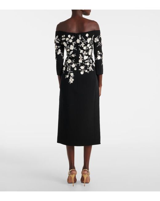 Carolina Herrera Black Embroidered Off-Shoulder Midi Dress