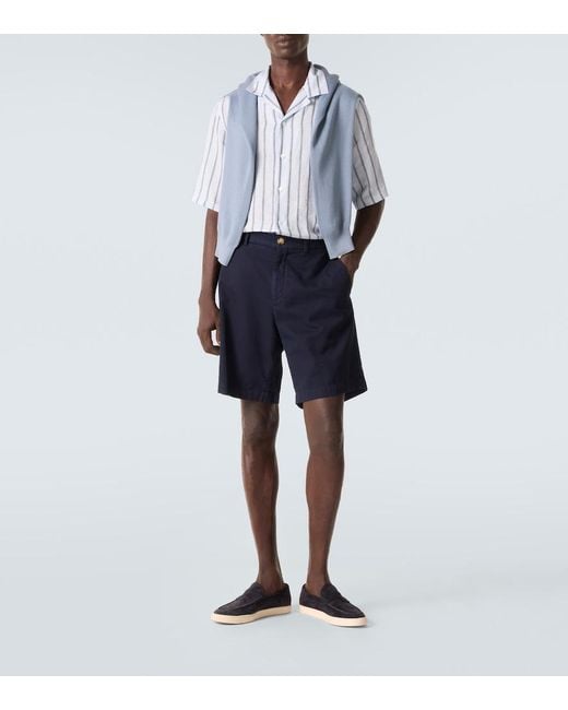 Brunello Cucinelli White Striped Linen Bowling Shirt for men