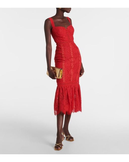 Self-Portrait Red Floral Cotton-Blend Lace Midi Dress