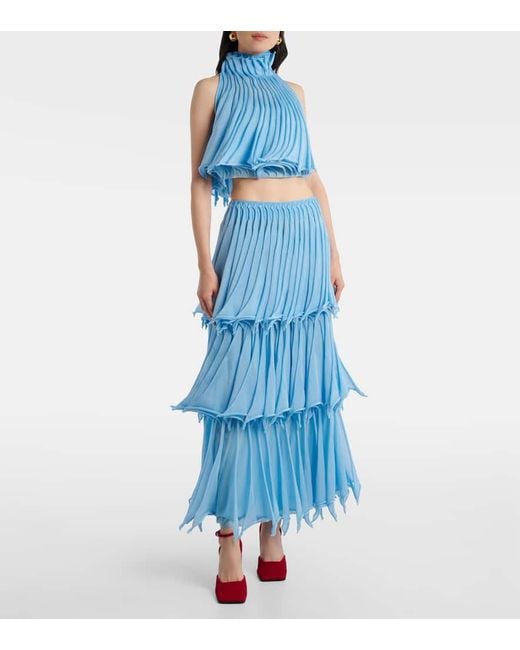 Alaïa Blue Pleated Tiered Maxi Skirt