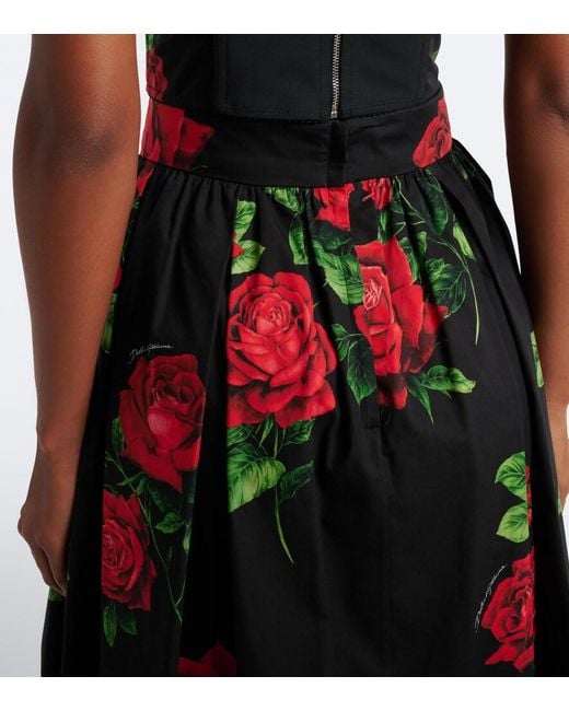 Dolce & Gabbana Red Floral Cotton Poplin Midi Skirt