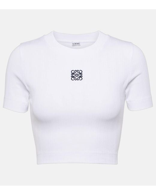T-shirt Raccourci En Coton Côtelé À Broderie Anagram Loewe en coloris White