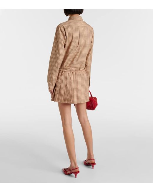 Minifalda De Algodon Plisada Con Logo Miu Miu de color Brown