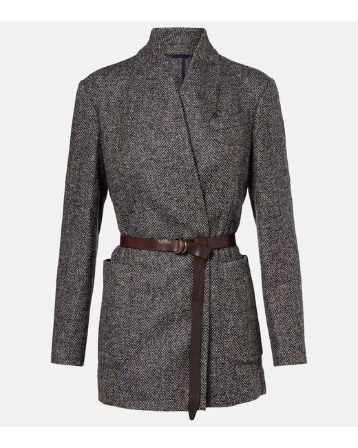 Brunello Cucinelli Gray Herringbone Monili Wool-Blend Tweed Blazer