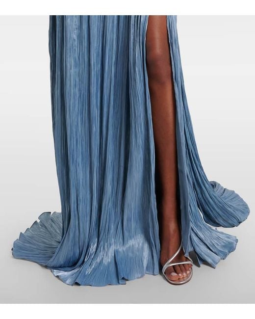 Marmar Halim Blue Draped Pleated Silk Chiffon Gown