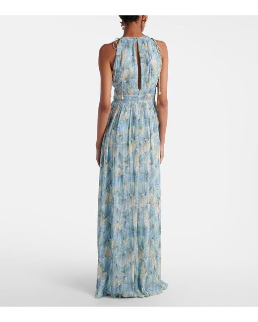 Veronica Beard Blue Yardley Floral Pleated Chiffon Gown