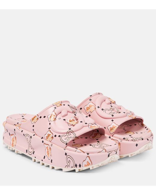 Gucci Pink Pantolette Aus Gummi Mit GG Tiermotiv-Print