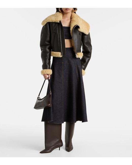 Jacquemus Black Aviatore Cropped Shearling-Trimmed Leather Jacket