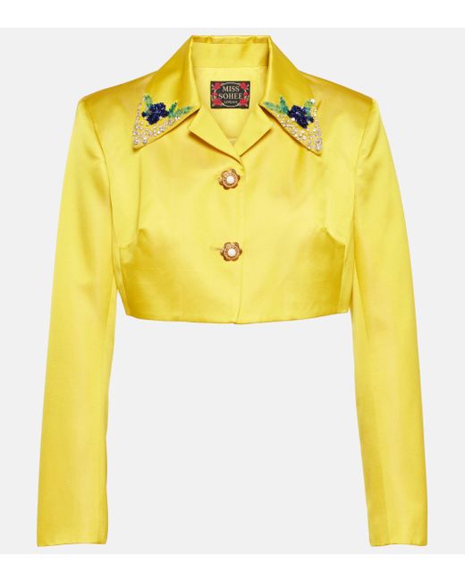 Miss Sohee Yellow Embellished Jacket And Crop Top Set