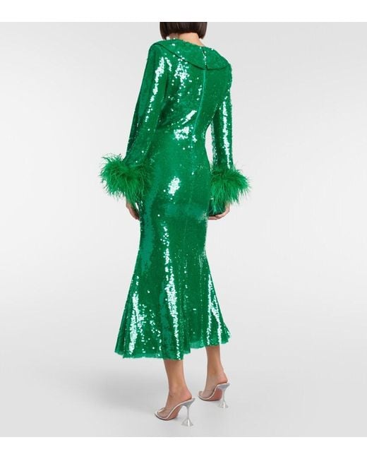 Self-Portrait Green Feather-Trimmed Sequined Midi Dress
