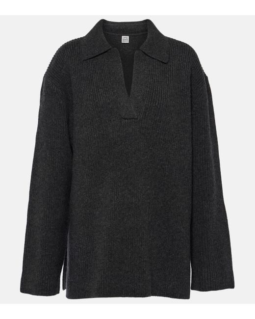 Totême  Black Ribbed-knit Wool Polo Sweater